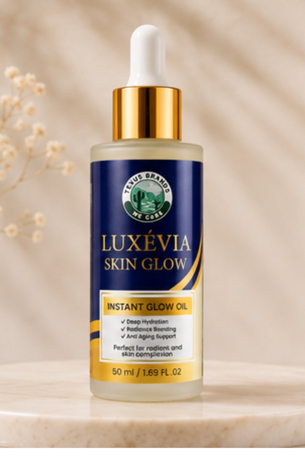 LUXEVIA Skin Glow front label LUXEVIA Skin Glow Instant Glow Oil bottle on a warm beige backdrop