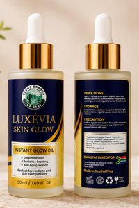 Front and back of the LUXEVIA Skin Glow bottle side by side showing directions and ingredients