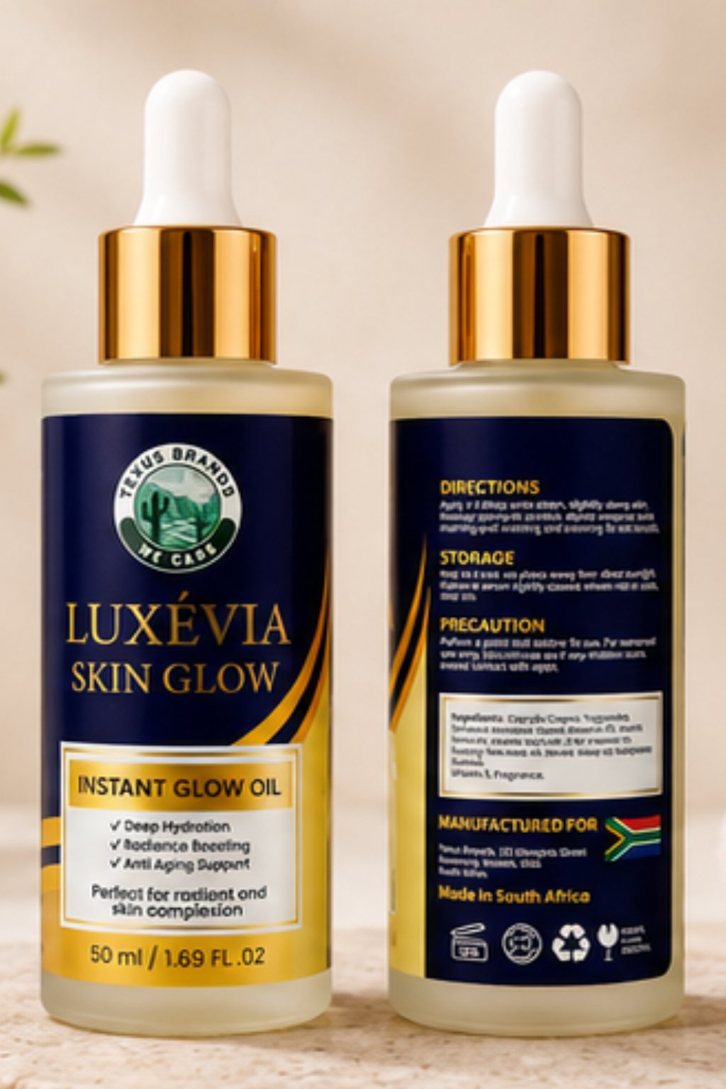 LUXEVIA Skin Glow front and back Front and back of the LUXEVIA Skin Glow bottle side by side showing directions and ingredients