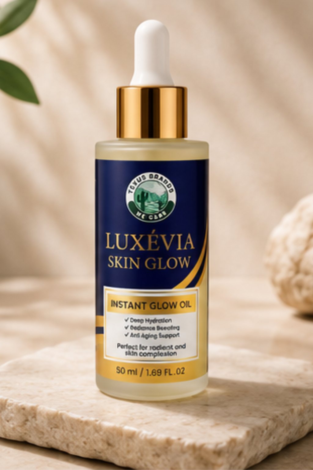 LUXEVIA Skin Glow on stone LUXEVIA Skin Glow bottle standing on a stone plinth with soft daylight