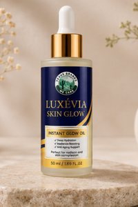 LUXEVIA Skin Glow 50ml bottle with dried flowers on a neutral background