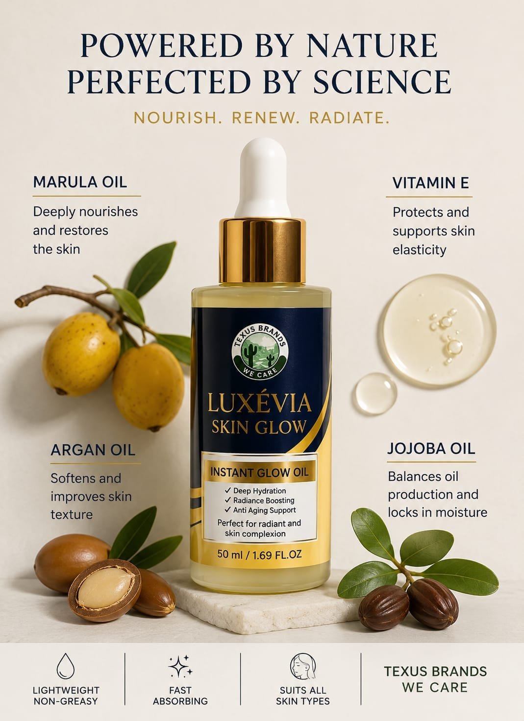 Powered by Nature, Perfected by Science: LUXÉVIA Skin Glow Instant Glow Oil with marula oil, argan oil, jojoba oil and vitamin E